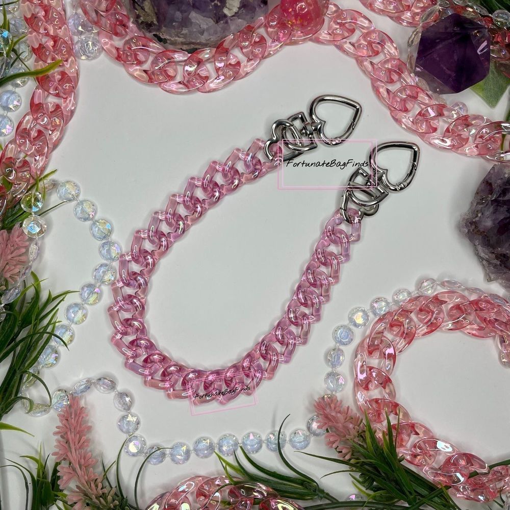 Hot Pink TRIPLE HEARTS Novelty Resin Bag Strap Purse Chain Girly Cute Kawaii Y2K - Picture 9 of 11